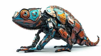 Fototapeta premium A vibrant, steampunk chameleon robot with intricate mechanical details.