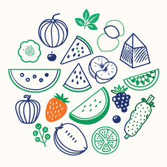 Adobe Illustrator ArtworkAssortment of healthy raw fruits and berries platter background, strawberries raspberries oranges plums apples kiwis grapes blueberries, mango, top view, selective focus Set o