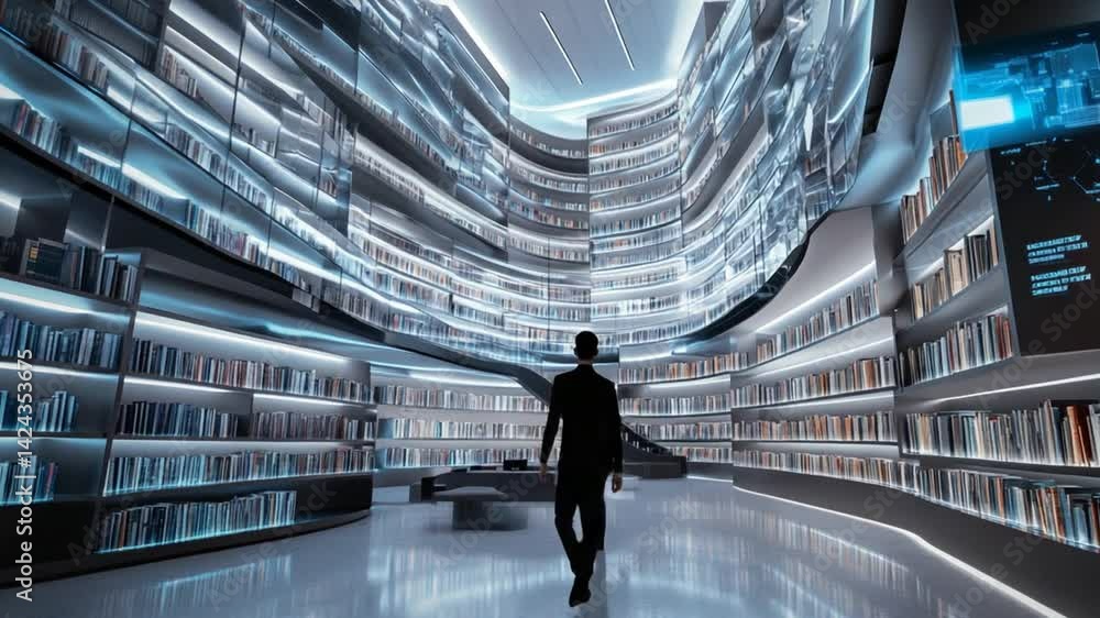 Poster futuristic library showcases cutting-edge design and extensive book collections with modern technolo