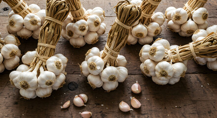 Rustic Garlic Bundles Displayed On Vintage Wooden Surface At Eye Level