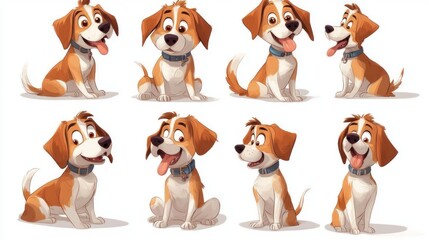 Eight cute beagle puppies posing; white background; website design