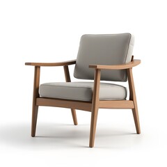 Modern Light Grey Upholstered Armchair with Wooden Frame Isolated on White Background