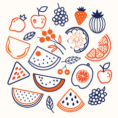 Adobe Illustrator ArtworkAssortment of healthy raw fruits and berries platter background, strawberries raspberries oranges plums apples kiwis grapes blueberries, mango, top view, selective focus Set o
