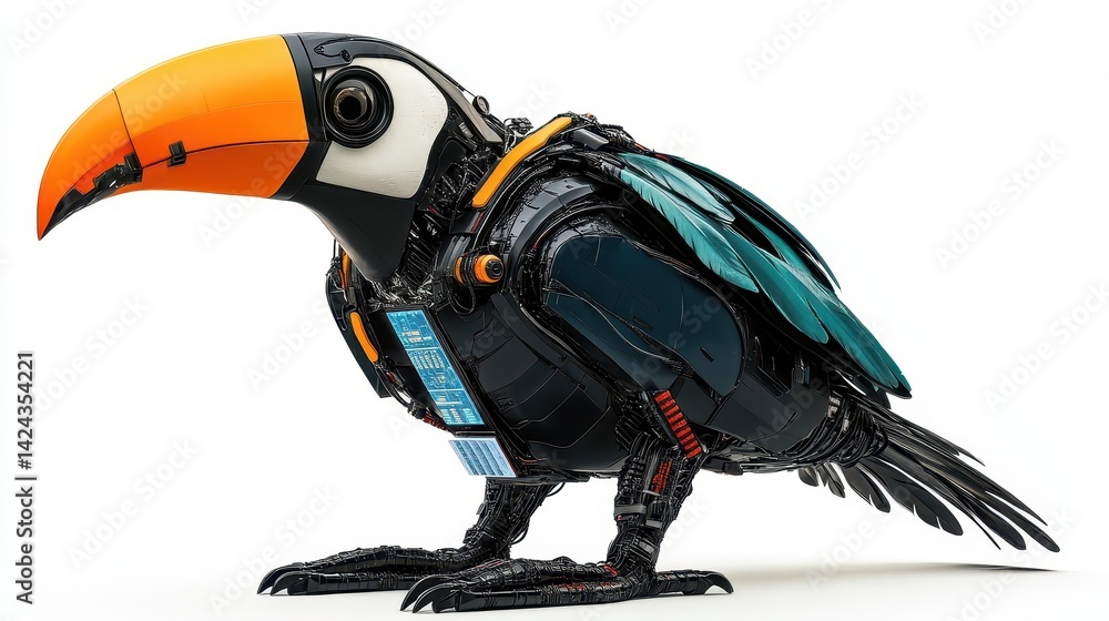 Poster a futuristic toucan robot with intricate mechanical details.