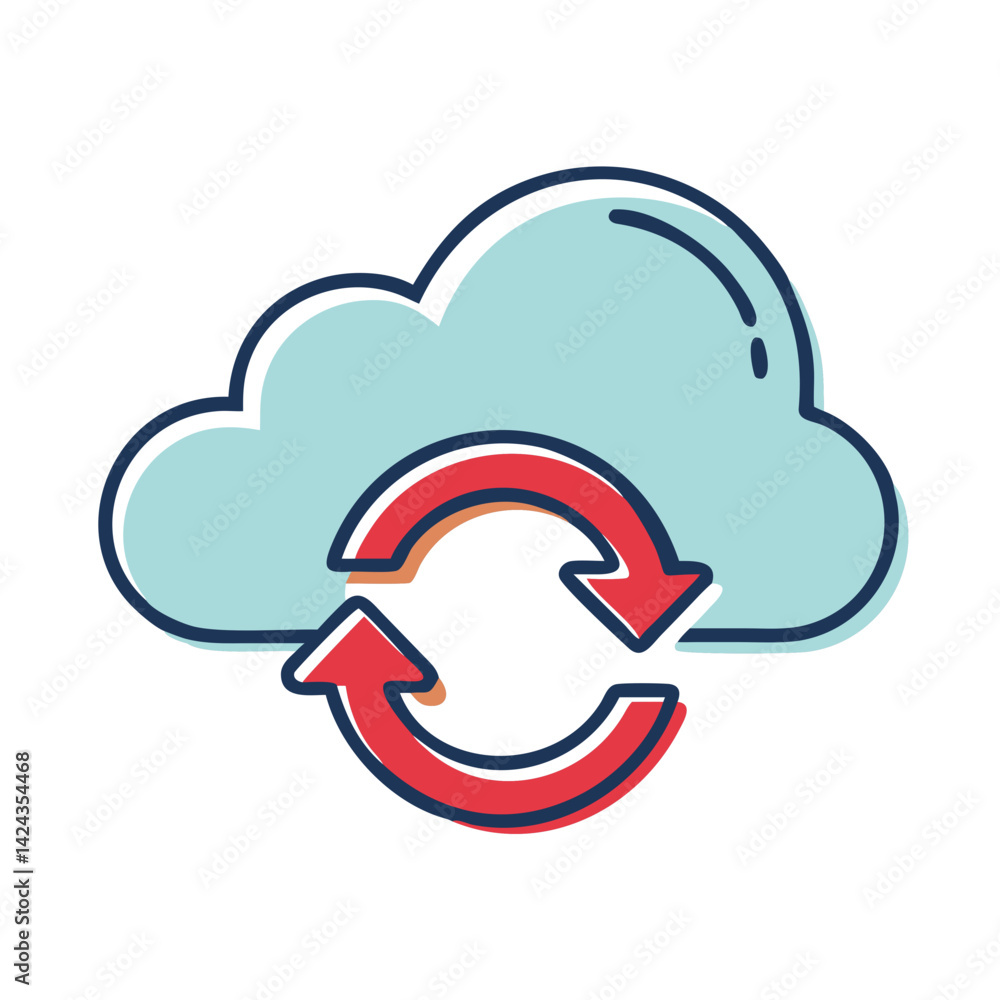 Poster cloud storage management with syncing arrows over blue background
