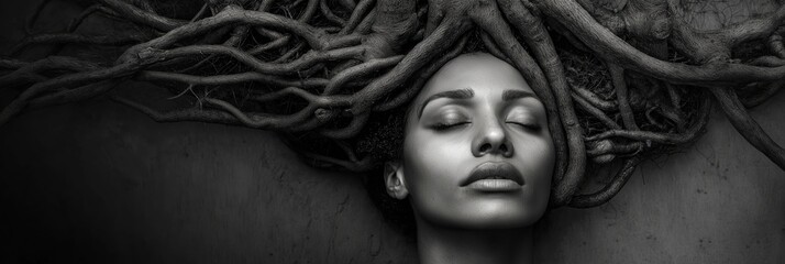 A grayscale portrait of a woman with a large, intricate network of dark, gnarled tree roots or vines growing from and over her head; detailed, intricate textures and negative space