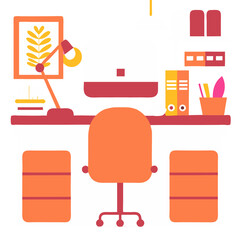 A vibrant workspace awaits, ready for creative endeavors, featuring a comfortable orange chair and warm, inviting tones.