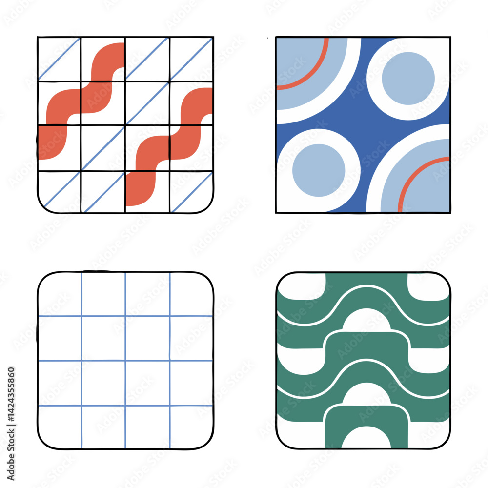 Poster playful abstract shapes in a vibrant color palette, showcasing bold geometric designs and rounded li