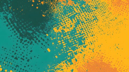 Abstract blend of teal and ochre, textured with dots and stippling.