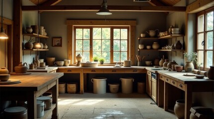 Obraz premium Cozy rustic kitchen with wooden shelves and sunlit windows.