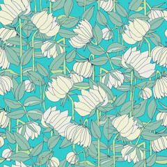 Seamless pattern with hand drawn meadow bold flowers. Colorful illustrations on blue background for surface design and other design projects