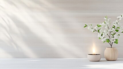 Fototapeta premium Serene Candle with Blossoms Minimalist Style Soft Lighting Wide Angle Natural Textures Peaceful Scene Light Wooden Background Soft White Tones Perfect for Spa Marketing
