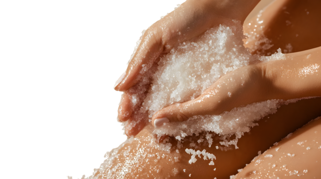Close up of a white woman's hand applying body scrub to her legs