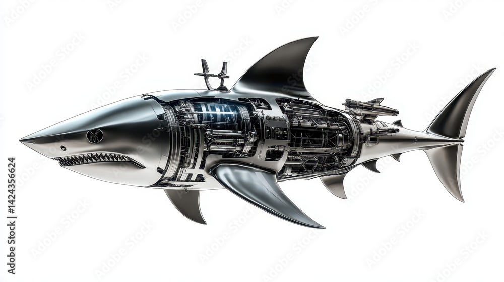 Poster a mechanical shark with intricate internal mechanisms.