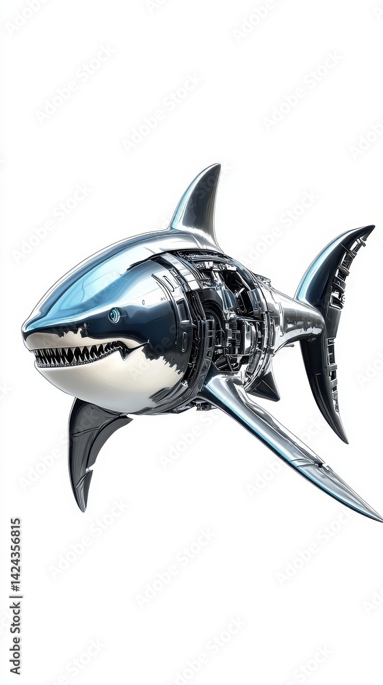Poster a metallic shark with intricate mechanical components.