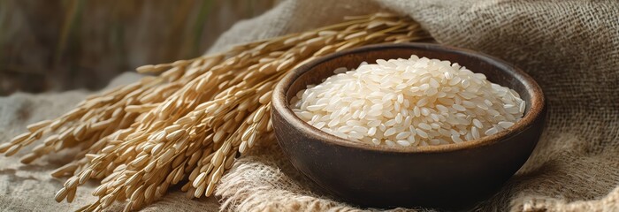 A bowl of uncooked rice sits on burlap near fresh rice stalks, showcasing the harvest