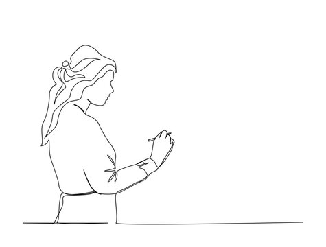 Woman writing on the whiteboard in single line draw illustration. Continuous one line drawing of teacher writing in blank space. Editable stroke.