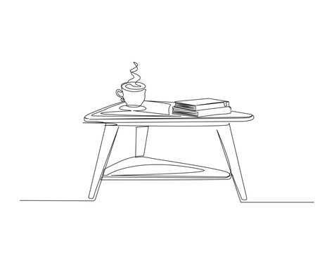 Living room table with a cup of coffee and books. in single line draw illustration. Continuous one line drawing of Living room table. Editable stroke.