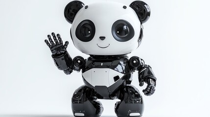 Adorable robot panda waving hello with glossy black and white finish on white background