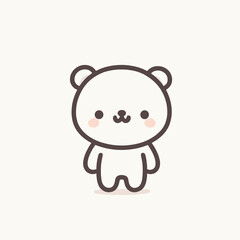 Minimalist cartoon bear with sweet mood standing against a light beige background with copy space