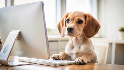Take Your Dog to Work Day A beagle puppy curiously types on a computer keyboard at a desk.