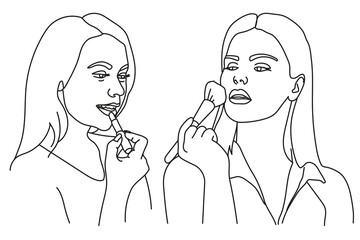 Woman applying makeup line drawings
