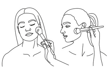 Woman applying makeup with a brush set of line drawings