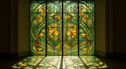 Ornate Stained Glass Window Featuring Floral Design with Green and Yellow Hues Casting Shadows on the Floor