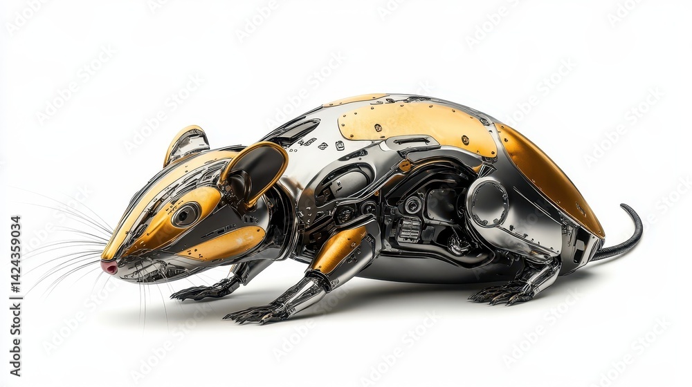 Poster a metallic, steampunk-inspired robot rat with visible internal mechanisms.