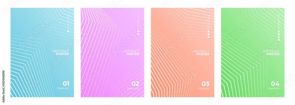 Aufkleber Set of color abstract posters. White line patterns. Minimalist cover templates. Futuristic backgrounds for creative graphic design. Vector illustration.