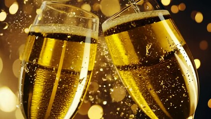 Celebratory champagne toasts amidst sparkling bokeh lights in festive atmosphere