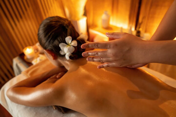 Caucasian woman customer enjoying relaxing anti-stress spa massage and pampering with beauty skin...