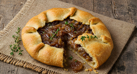 Rustic Caramelized Onion Galette With Thyme Sprigs On Burlap Fabric