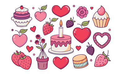 Romantic Coquette Clipart Set – Hand-Drawn Birth Day, Valentine’s Day & Wedding Elements with Hearts, Ribbons, Roses, and Vintage Love Decor