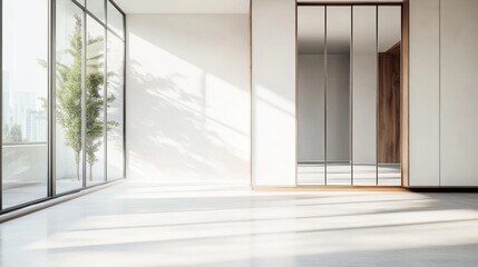 Fototapeta premium Bright, modern, empty room with large windows, showcasing natural light and minimalist design