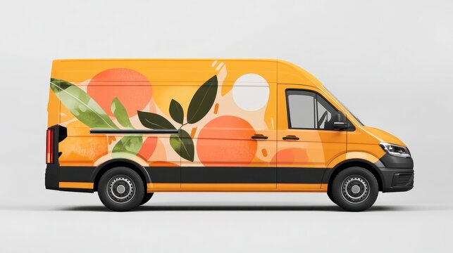 Vibrant orange van with citrus graphic design