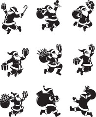 Merry Christmas Santa jumping with gifts bundle silhouette vector art illustration