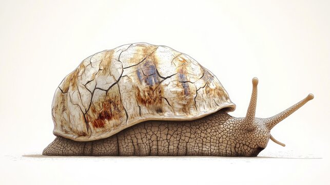 Dried-out snail, cracked shell, slow movement