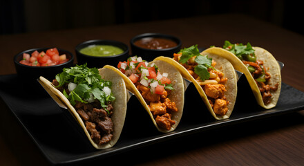 Delicious Authentic Tacos Variety With Salsa Served On A Dark Plate