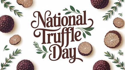 National Truffle Day lettering greeting poster with truffle illustration and green leaves, generative ai