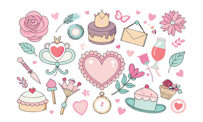 Fototapeta premium Romantic Coquette Clipart Set – Hand-Drawn Birth Day, Valentine’s Day & Wedding Elements with Hearts, Ribbons, Roses, and Vintage Love Decor