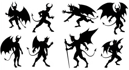 Set of demon, devil silhouettes isolated on white background