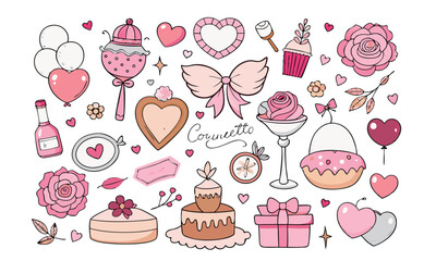 Romantic Coquette Clipart Set – Hand-Drawn Birth Day, Valentine’s Day & Wedding Elements with Hearts, Ribbons, Roses, and Vintage Love Decor