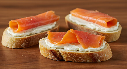 Elegant Smoked Salmon Appetizers Served on Rustic Bread Slices Close Up