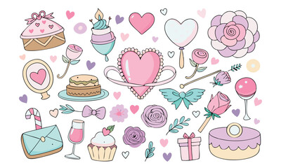 Romantic Coquette Clipart Set – Hand-Drawn Birth Day, Valentine’s Day & Wedding Elements with Hearts, Ribbons, Roses, and Vintage Love Decor
