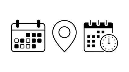 Calendar, Location Pin, Clock Icon: Simple and clean vector icons representing calendar, location pin, and clock. Perfect for scheduling, appointment reminders, and time management apps or websites.