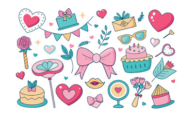 Romantic Coquette Clipart Set – Hand-Drawn Birth Day, Valentine’s Day & Wedding Elements with Hearts, Ribbons, Roses, and Vintage Love Decor