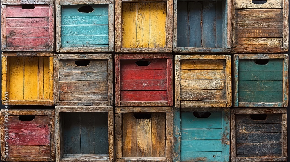Poster colorful array of vintage wooden crates in rustic arrangement