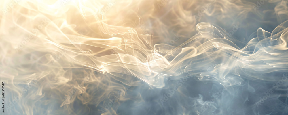 Poster golden light shining from above illuminating abstract smoke rising in wavy lines