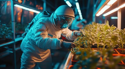 Astronauts working in greenhouse cultivating plants on space station. Futuristic hydroponic agriculture with lush green vegetation inside glass biodome. Space farming and sustainability concept. 